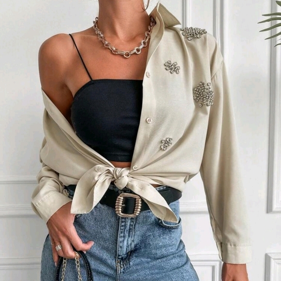 Rhinestone Detail Drop Shoulder Shirt - Picture 4 of 4